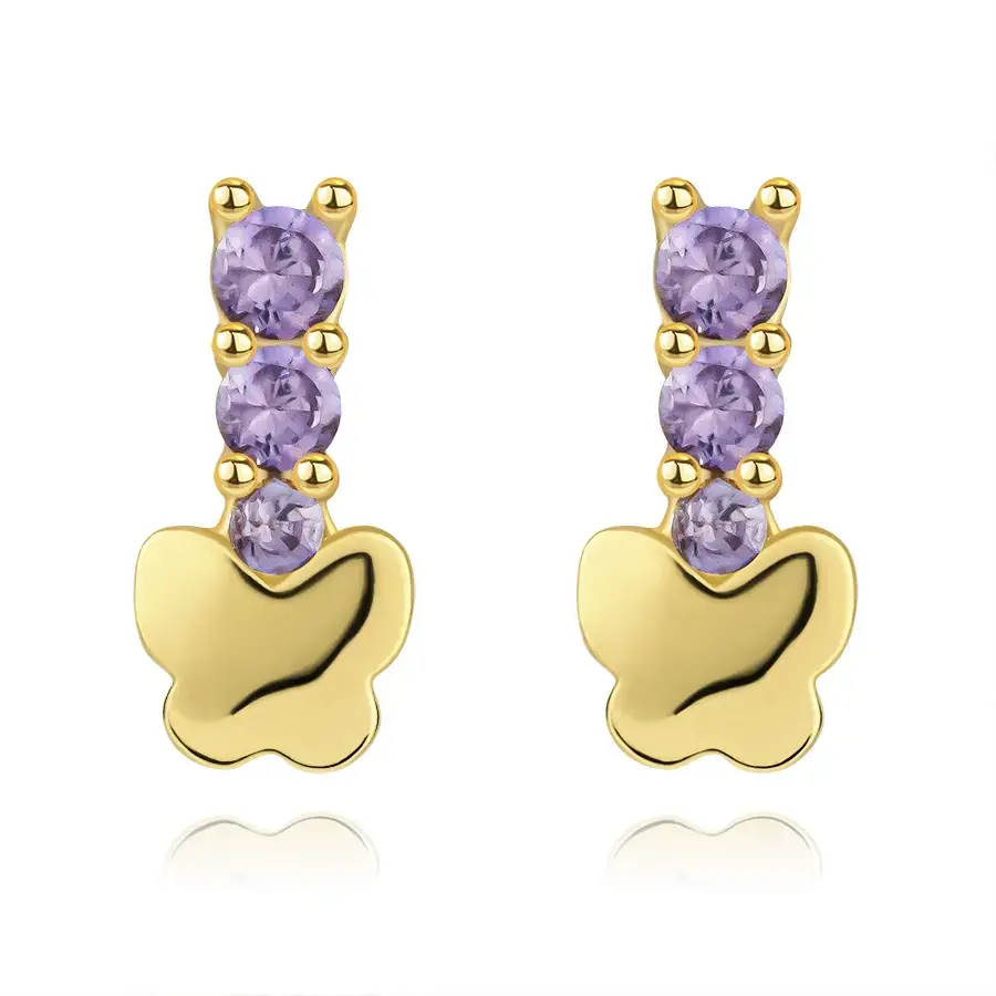 Zlaté náušnice 14K motýlia línia s fialovými zirkónmi