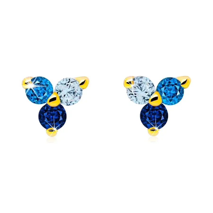 Zlaté náušnice 14K s trojfarebnými zirkónmi v tvare trojlístka