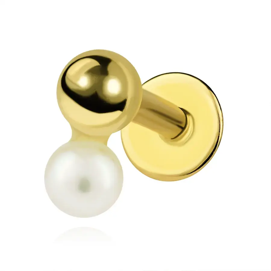 Zlatý labret piercing zo 14K zlata s kultivovanou perlou a guľôčkou