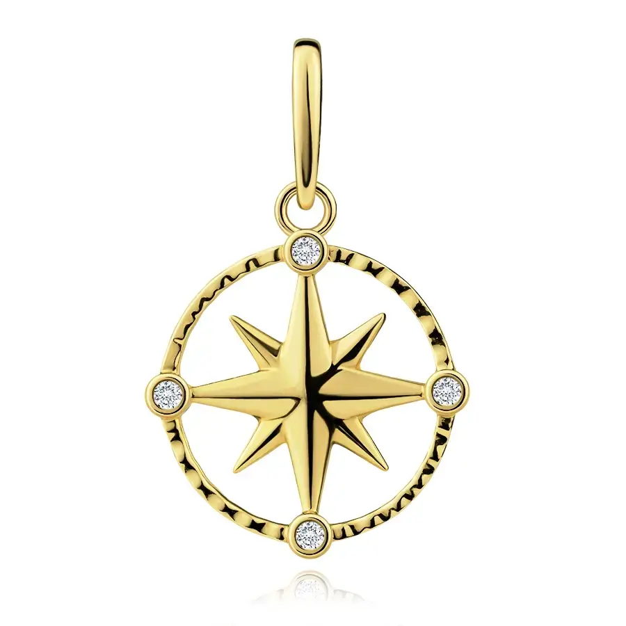 Zlatý prívesok 14K v tvare kompasu so zirkónmi