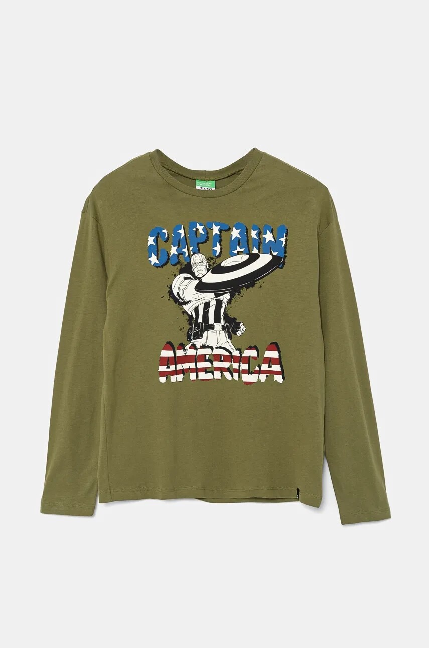 Detská bavlnená košeľa s dlhým rukávom United Colors of Benetton zelená farba, s potlačou, 3ATNC10M8