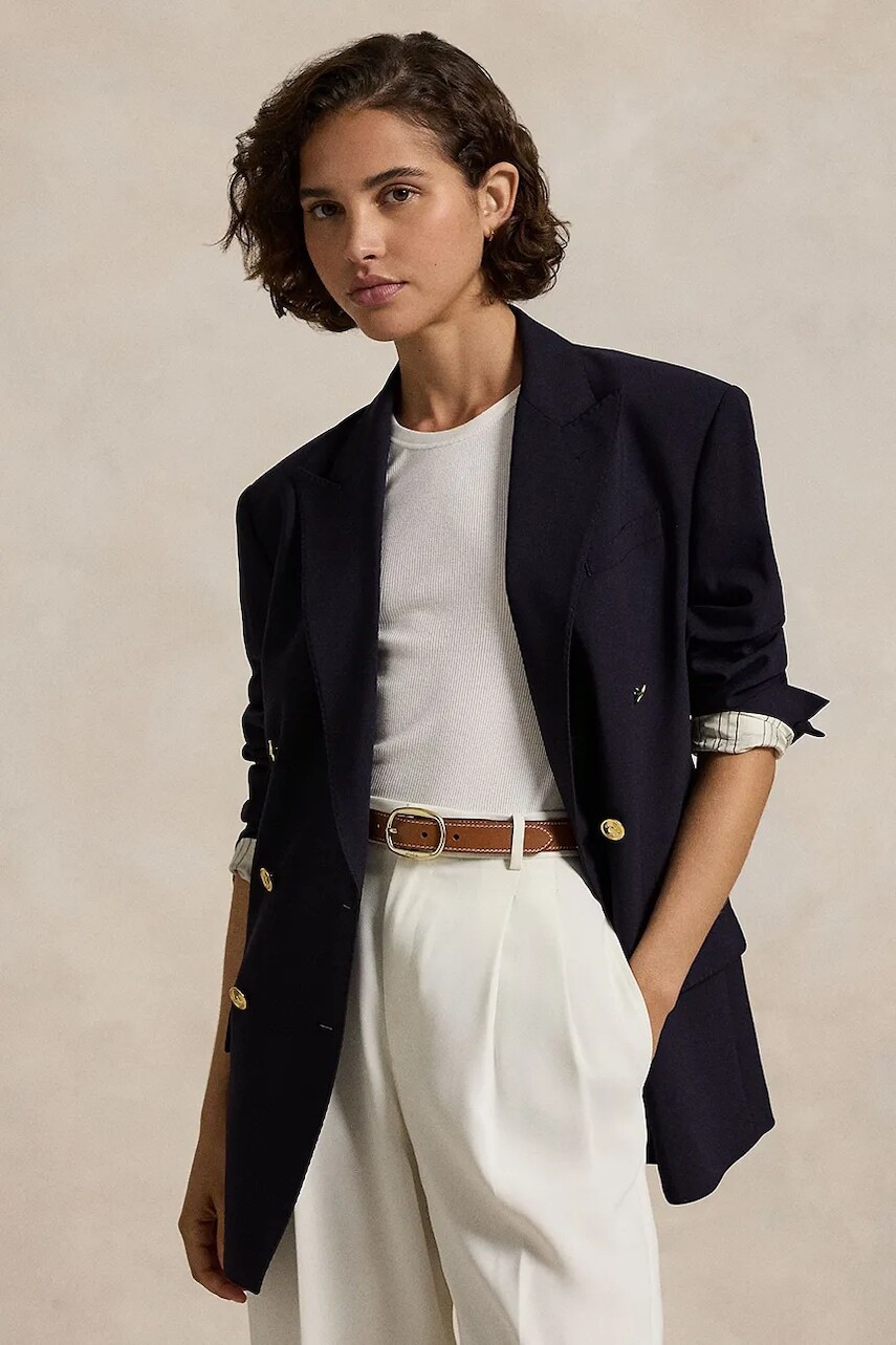 Vlnené sako Polo Ralph Lauren tmavomodrá farba, dvojradové, jednofarebné, 211952717