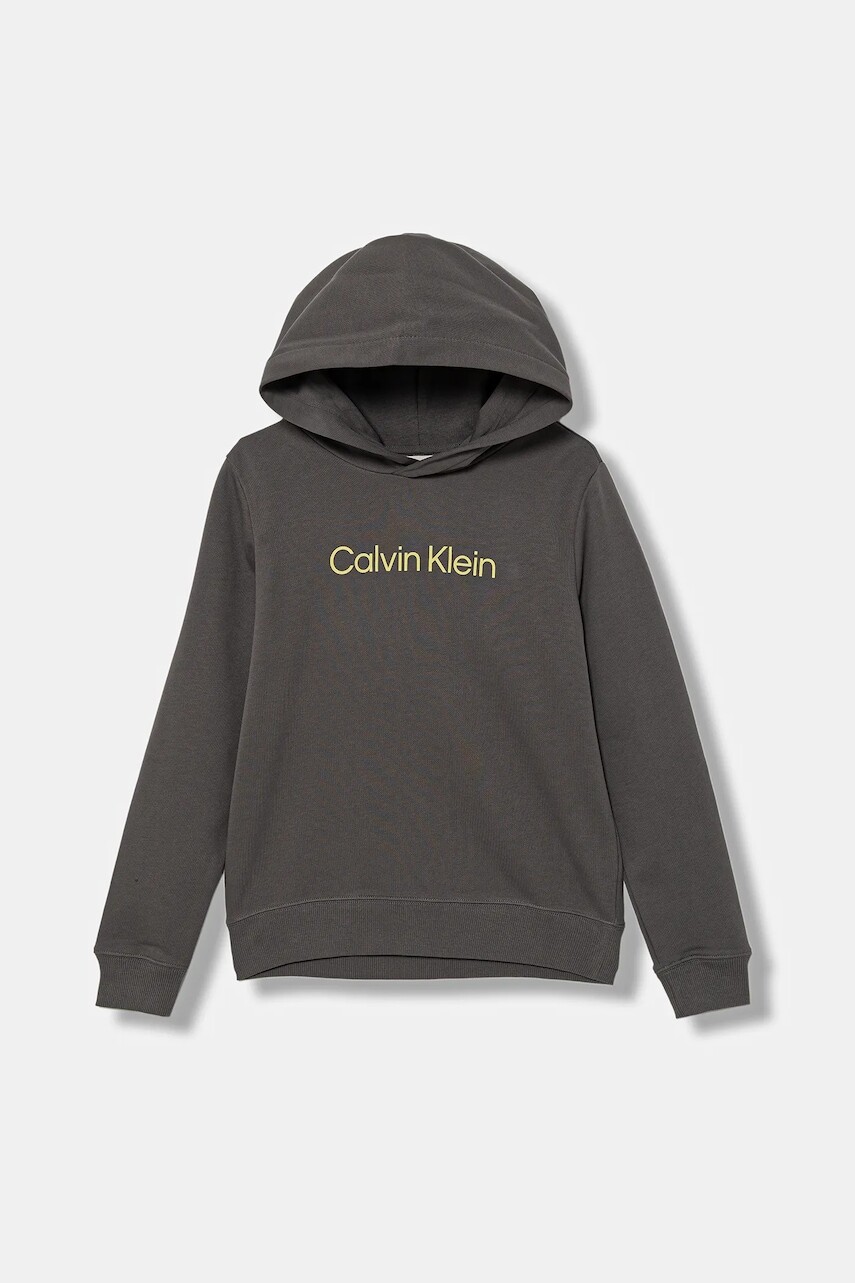 Detská bavlnená mikina Calvin Klein Jeans šedá farba, s kapucňou, s nášivkou, IU0IU00679