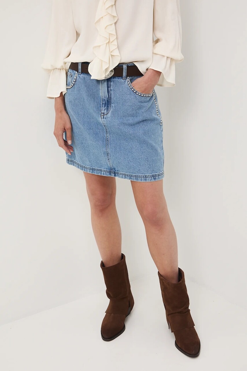 Bavlnená rifľová sukňa Medicine modrá farba, mini, rovný strih