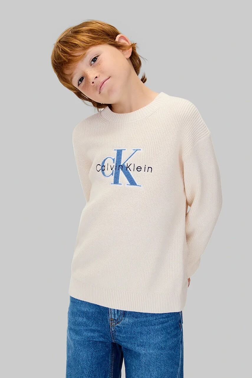Detský bavlnený sveter Calvin Klein Jeans béžová farba, jednofarebný, IB0IB02598