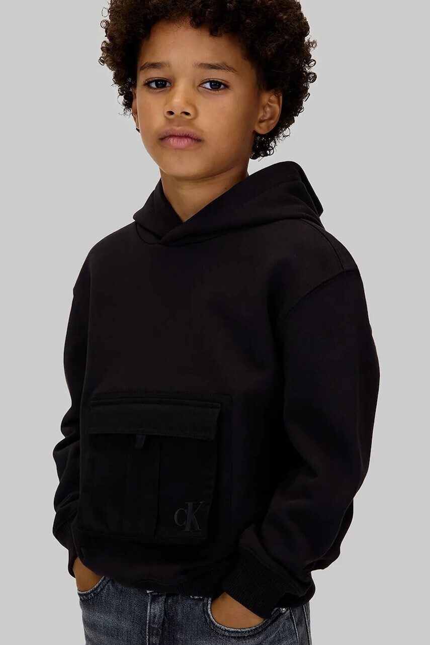 Detská mikina Calvin Klein Jeans čierna farba, s kapucňou, jednofarebná, IB0IB02566