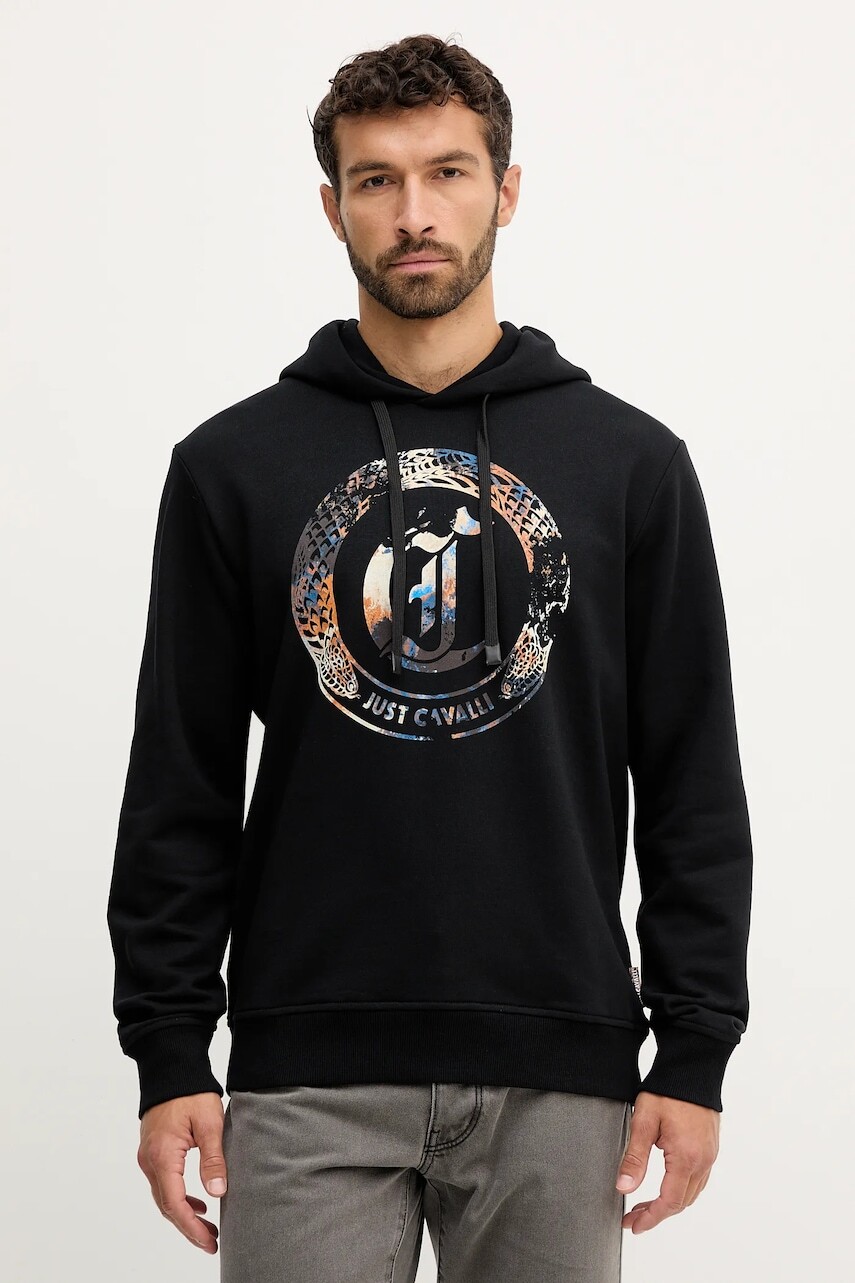 Bavlnená mikina Just Cavalli čierna farba, s kapucňou, s potlačou, 79OAIE01 CF100