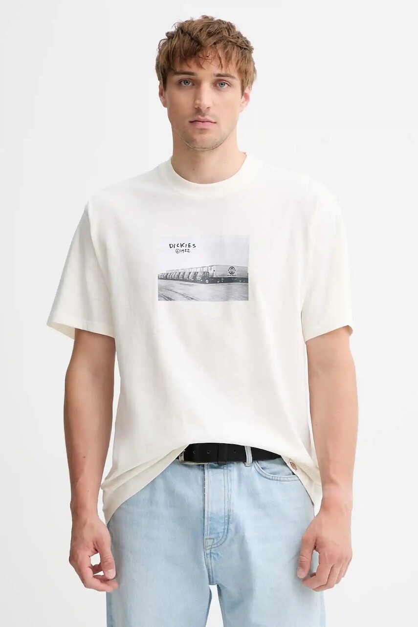 Bavlnené tričko Dickies pánske, béžová farba, s potlačou, DK0A87YM