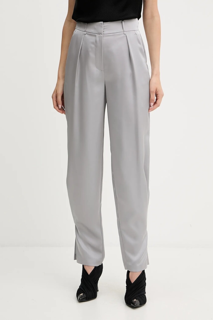 Nohavice Twinset šedá farba, rovný strih, vysoký pás, 252AP2413