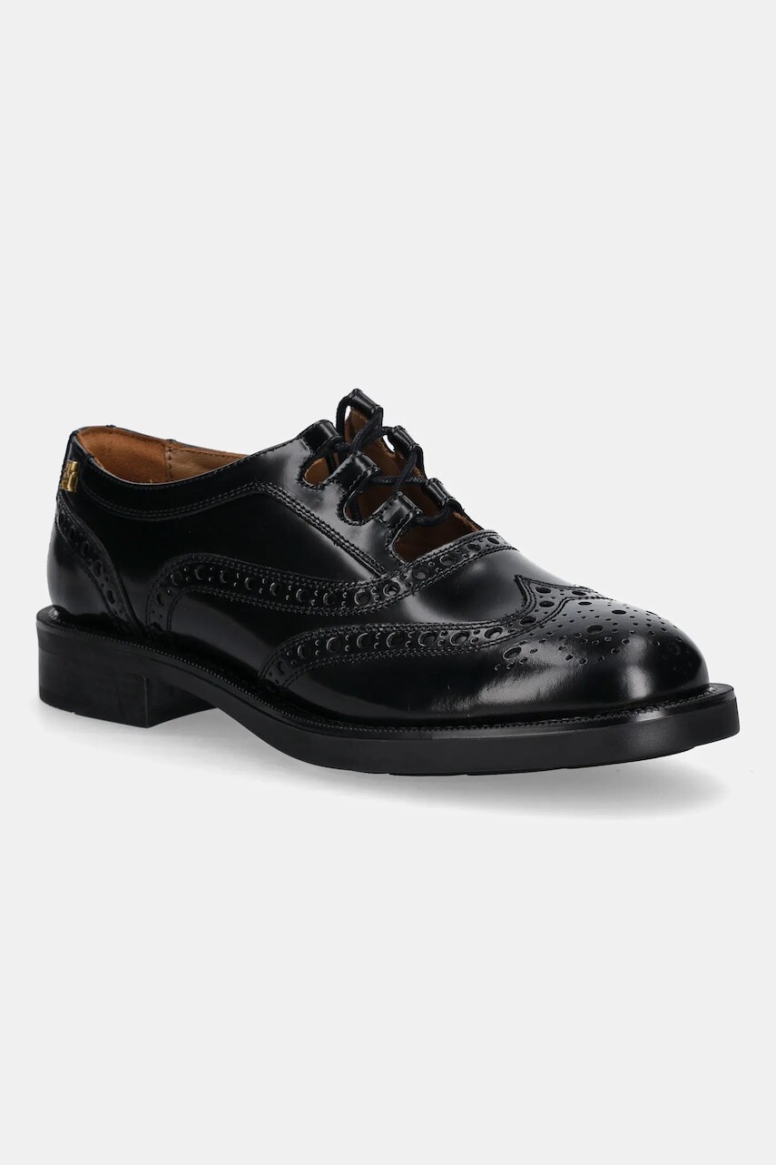 Kožené poltopánky Tommy Hilfiger BROGUE LEATHER CUT-OUT SHOE čierna farba, na plochom podpätku, FW0FW08842