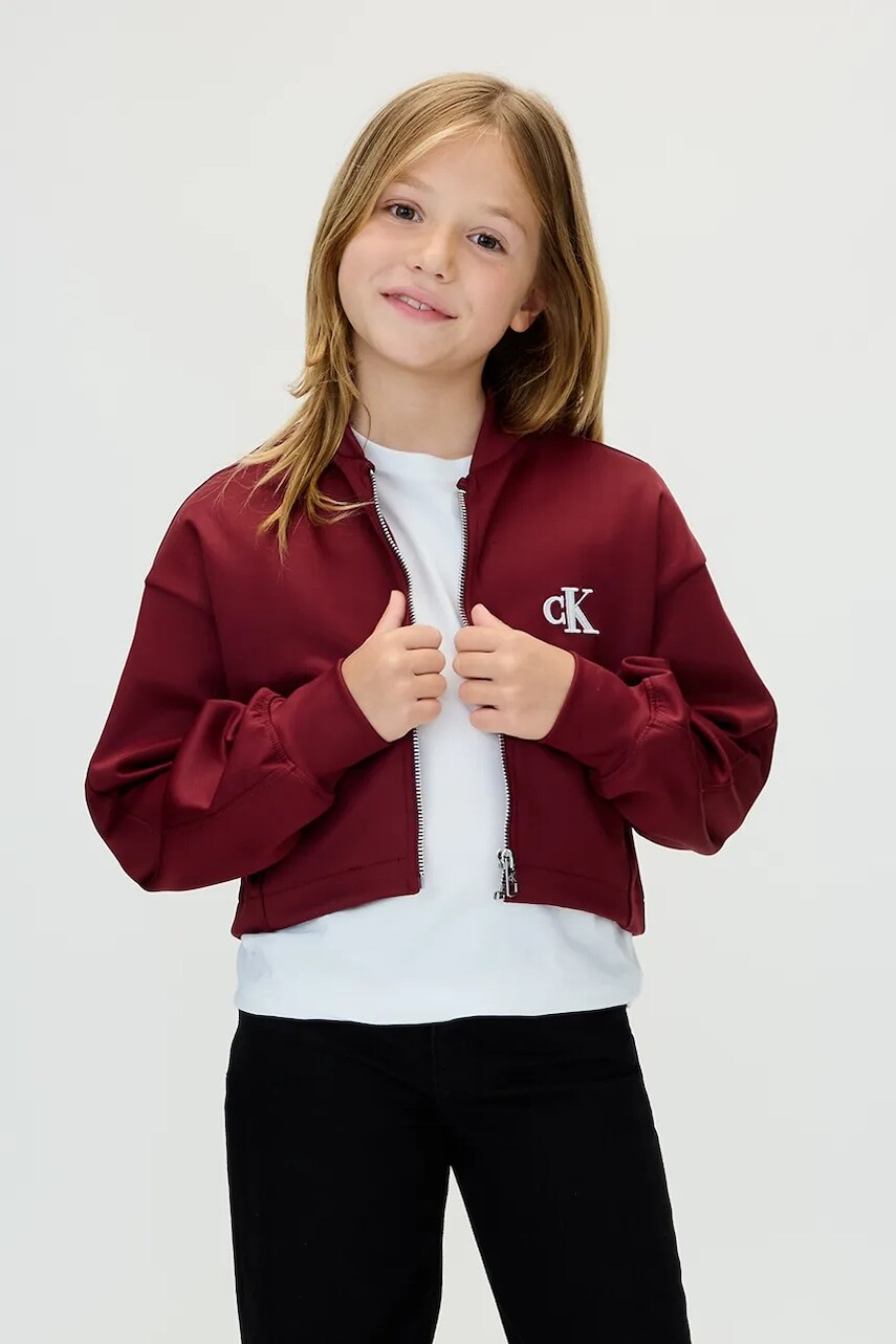 Detská bunda bomber Calvin Klein Jeans bordová farba, IG0IG03076