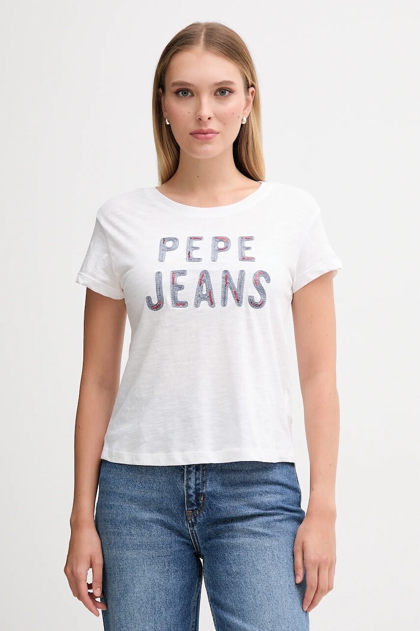 Bavlnené tričko Pepe Jeans dámske, biela farba, PL5000045