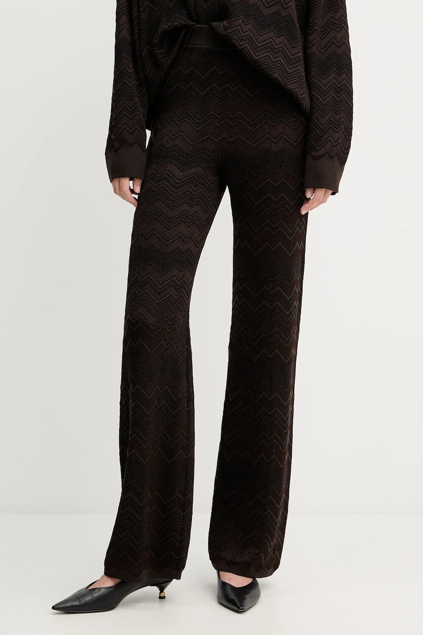Vlnené nohavice Missoni hnedá farba, rovný strih, vysoký pás, DS25WI0J.BK01CP