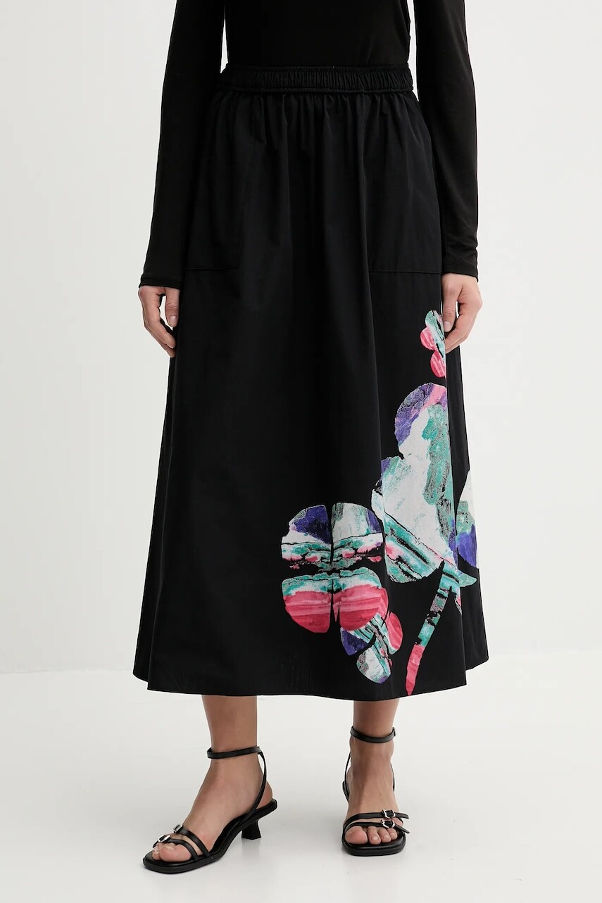Bavlnená sukňa Desigual ELLA LACROIX čierna farba, midi, áčkový strih, 25WWFW05