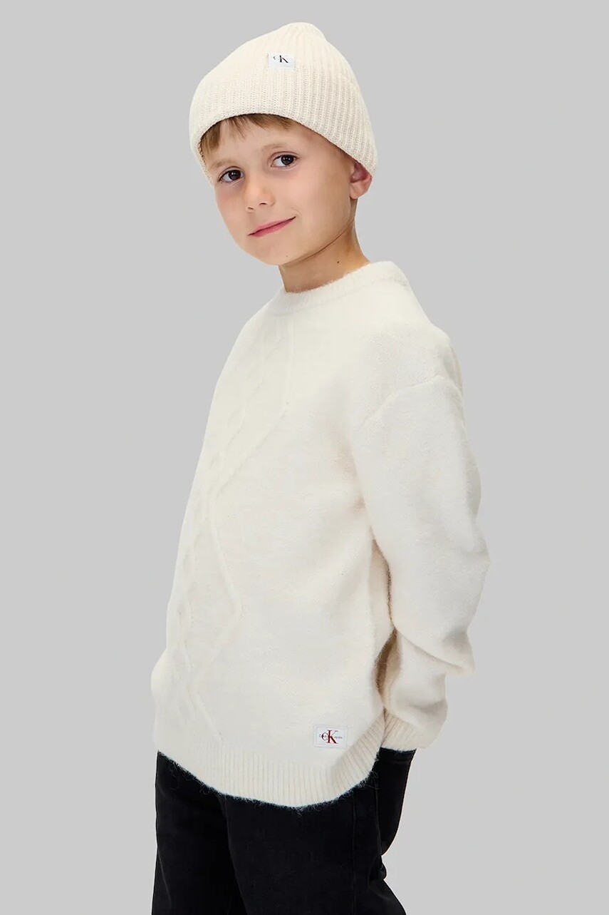 Detská mikina Calvin Klein Jeans béžová farba, jednofarebná, IB0IB02586