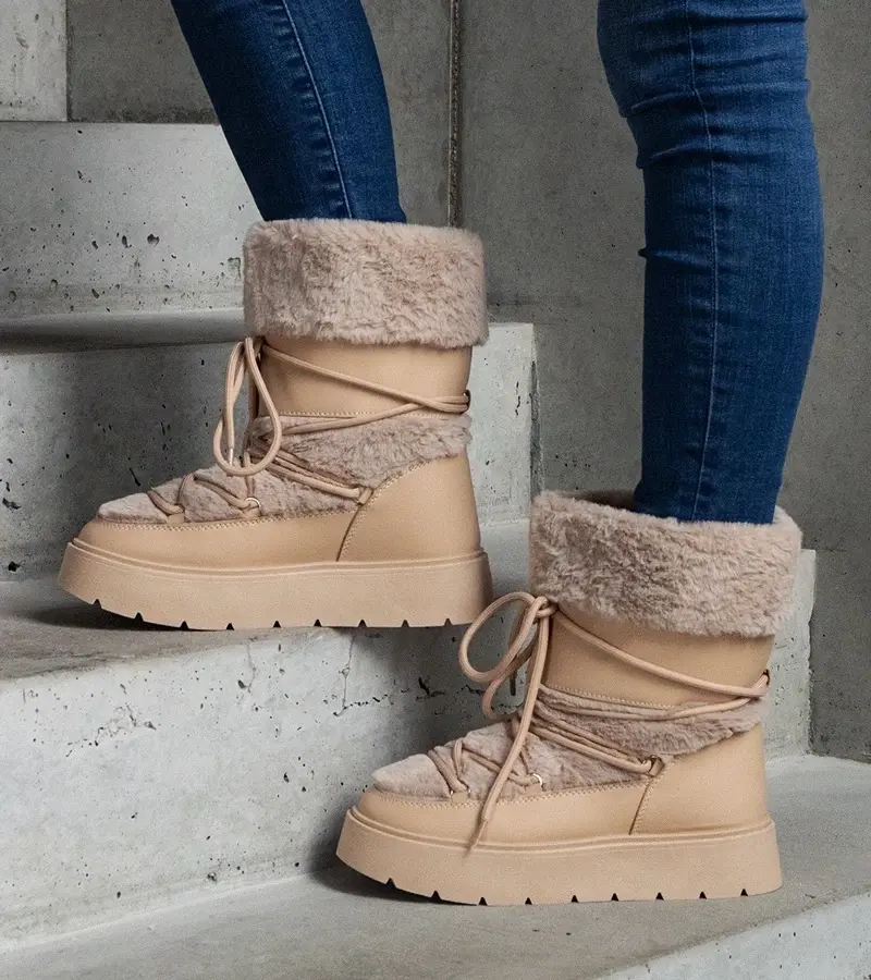 marka niezdefiniowana Béžové zateplené šnurovacie snehule zdobené kožušinou Istiss