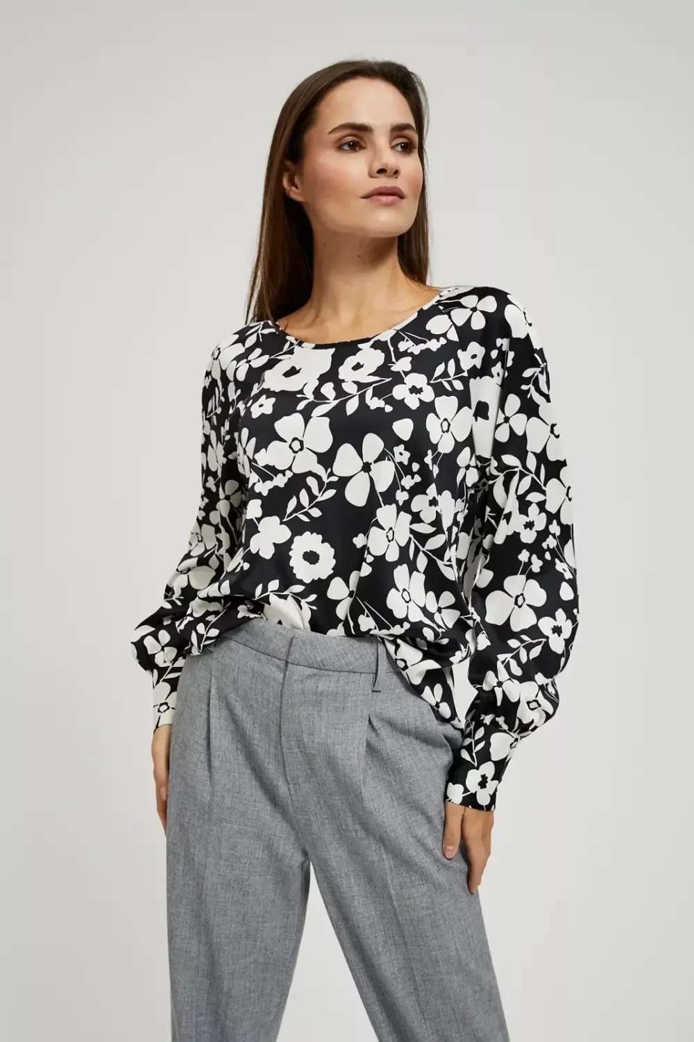 Marisse Floral Print Shirt With Puffed Sleeves, Black