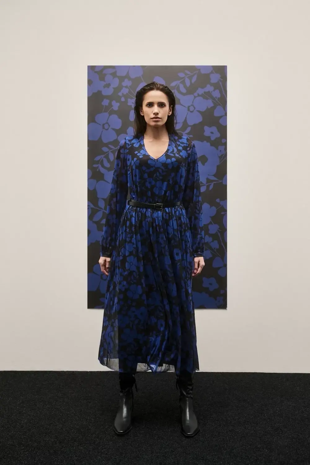 Marisse Blue Floral Print Dress With Belt