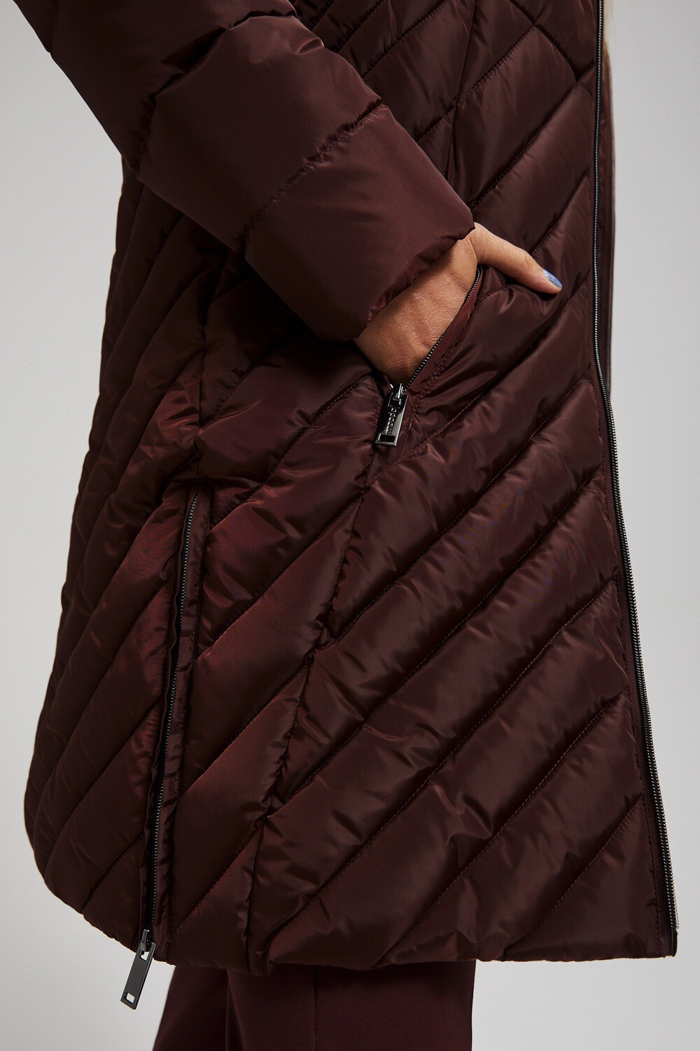 Marisse Long Quilted Jacket With Hood, Brown