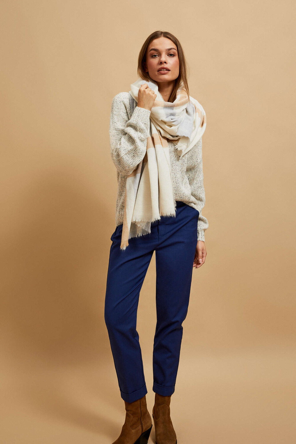 Marisse Sand Checkered Scarf