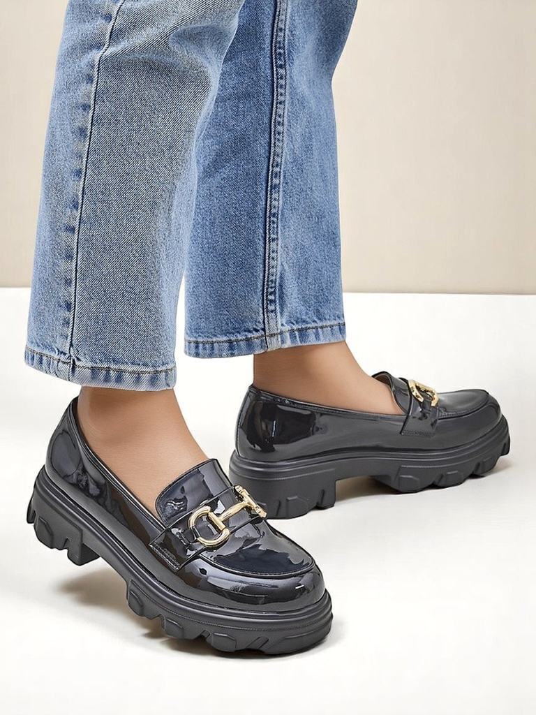 Resti Patent Leather Women's Loafers with Decoration Black Velvet