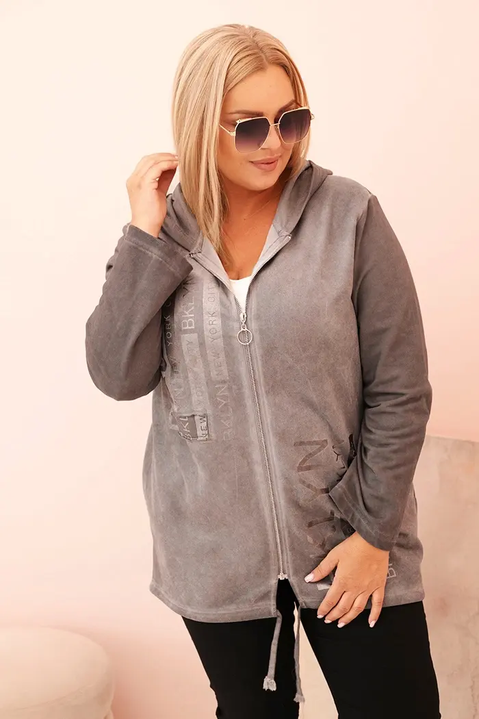 Kesi Włoski Dámska mikina Plus Size s kapucňou a potlačou BKLYN, grafitová