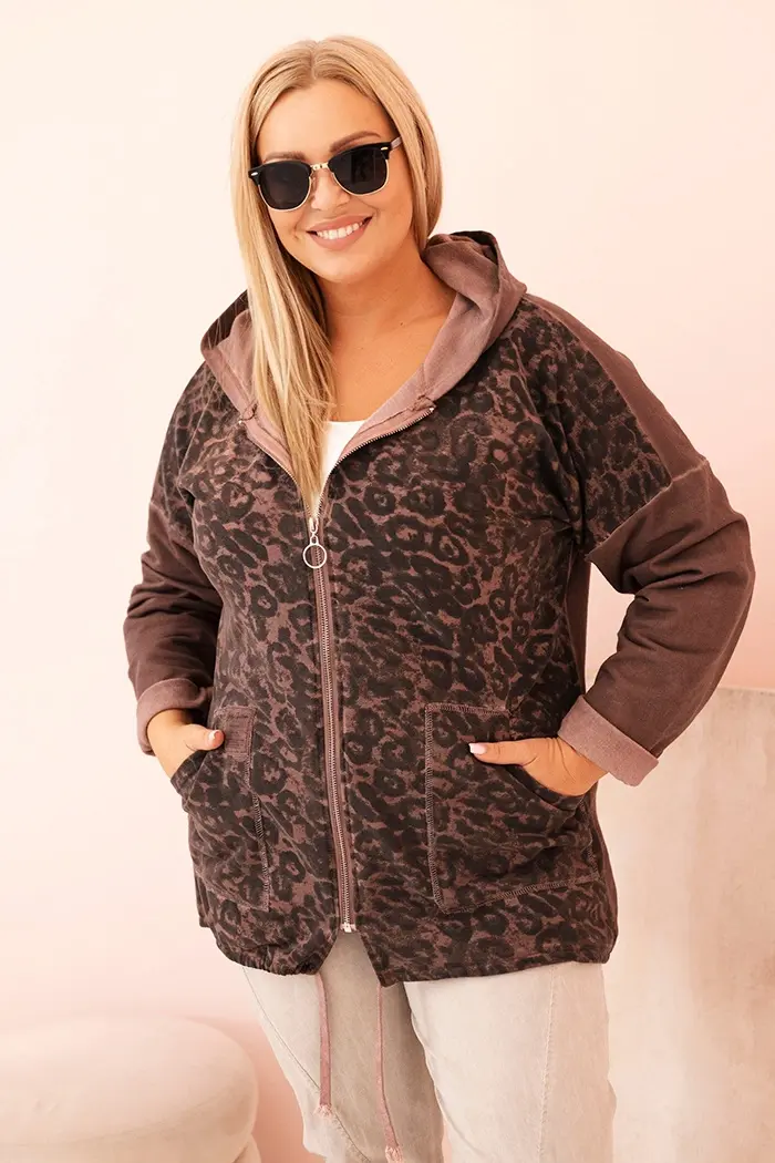 Kesi Włoski Dámska mikina Plus Size rozopínacia dekoltovaná s kapucňou hnedá
