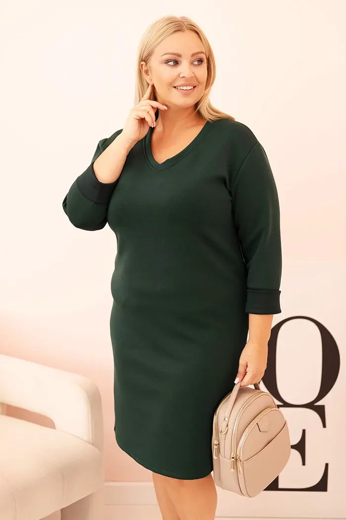 Kesi Włoski Dámska sukňa Plus Size maslová s výstrihom do V a rukávom tmavozelená