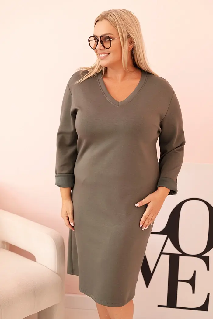 Kesi Włoski Dámska sukňa Plus Size maslová s výstrihom V a rukávom khaki