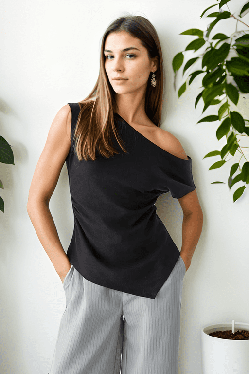 49777 Dewberry Asymmetrical Collar Womens Blouse-BLACK