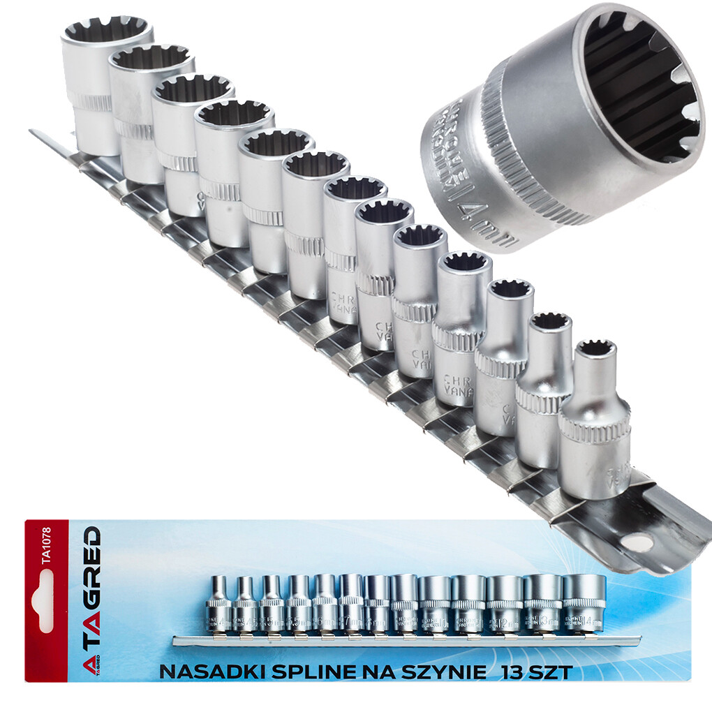 12-hranné nasadacie hlavice na lište, sada 13 ks, Cr-V TA1078