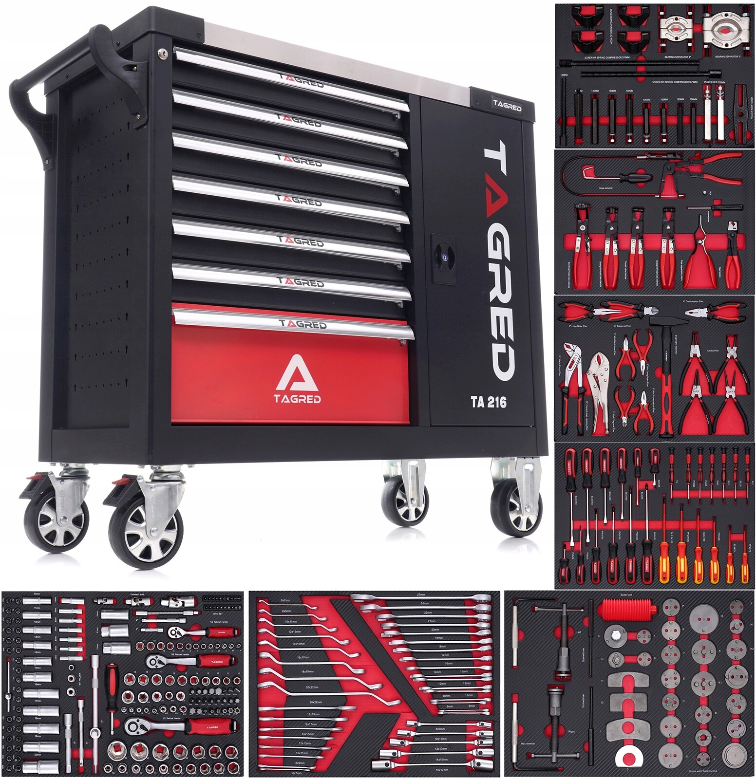 Dielenská skrinka pre automobilový priemysel, dielenský vozík s náradím TA216 306 EL, 72-zubové račňové kľúče TA216