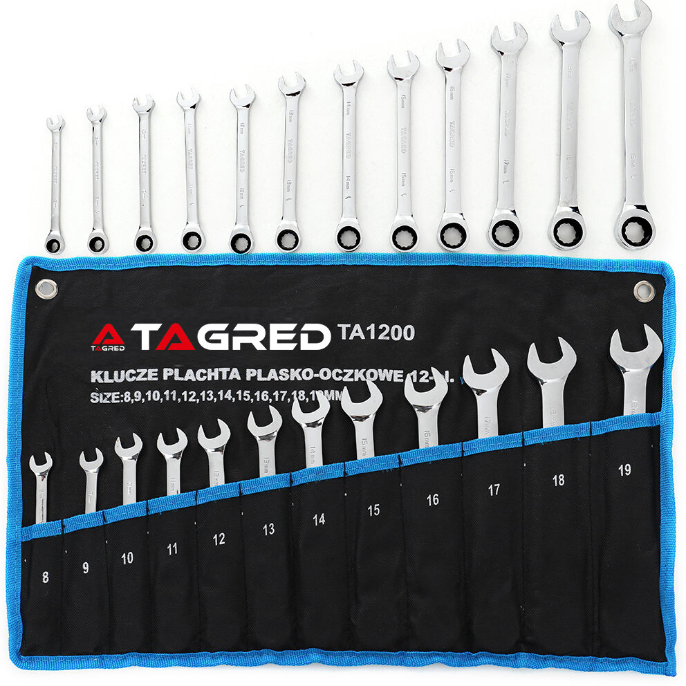 Kľúče s plochou hlavou a račňou 12 ks, 8-19 mm, CrV kované, kalené TA1200