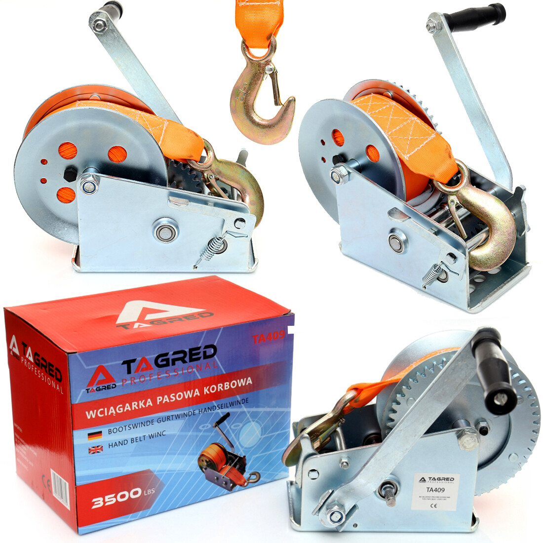 Pásový navijak s kľukou, dvojstupňový navijak 1588 kg 3500 LBS TA409