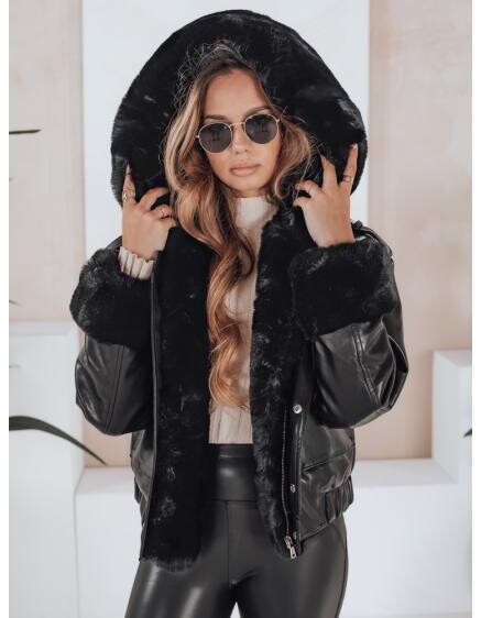 Dámska koženková bunda s kožušinou čierna