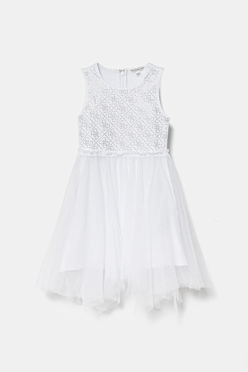 Dievčenské šaty Guess biela farba, mini, áčkový strih, J5RK08 KAUH0
