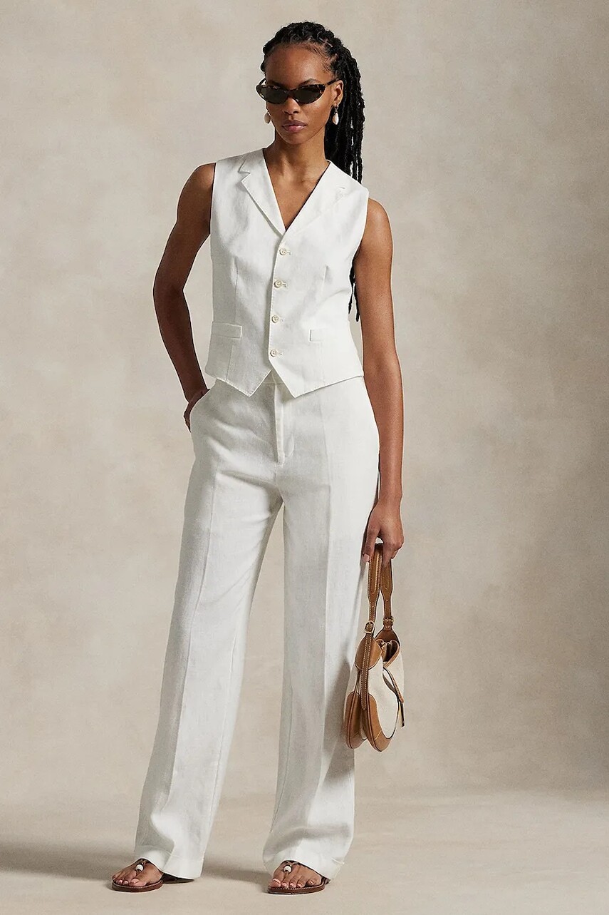 Ľanové nohavice Polo Ralph Lauren biela farba, široké, vysoký pás, 211935401