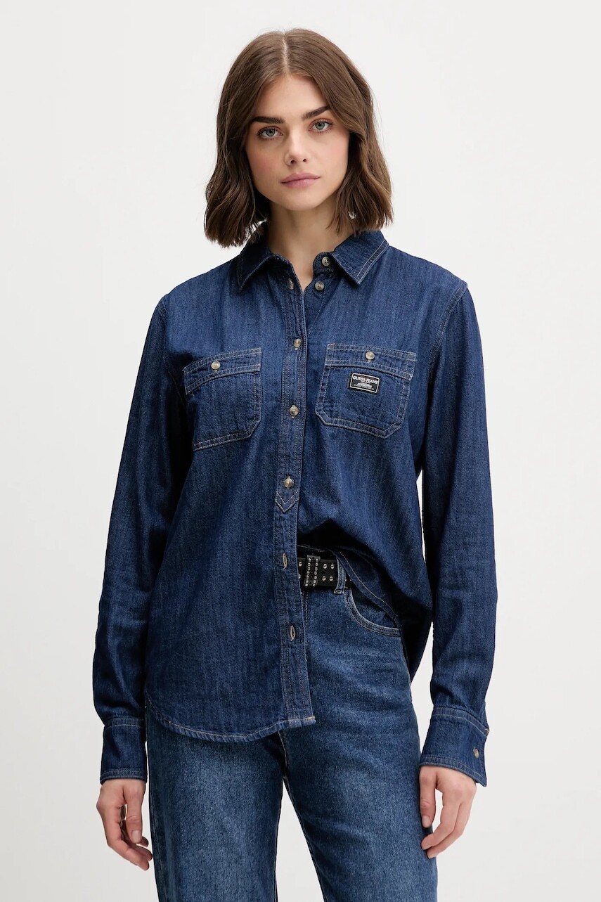Rifľová košeľa Guess Jeans tmavomodrá farba, regular, s klasickým golierom, W5YH37 D5M8D