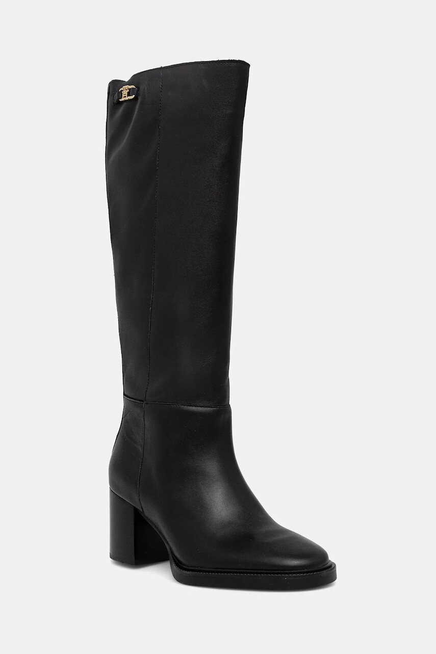 Kožené čižmy Tommy Hilfiger STACKED HEEL LEATHER LONG BOOT čierna farba, na podpätku, FW0FW08865