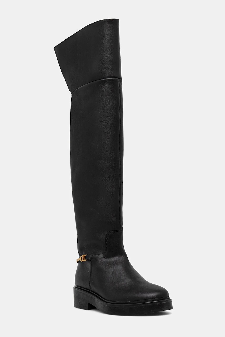 Kožené čižmy Tommy Hilfiger TH HORSEBIT RIDING OVERKNEE BOOT čierna farba, na plochom podpätku, FW0FW08976