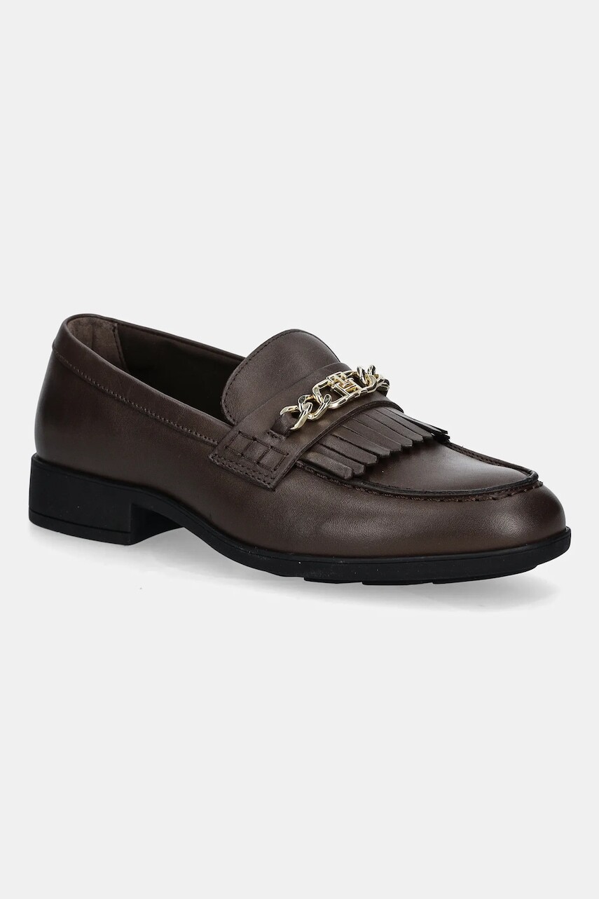 Kožené mokasíny Tommy Hilfiger TH CHAIN FRINGE LEATHER LOAFER hnedá farba, na plochom podpätku, FW0FW08971