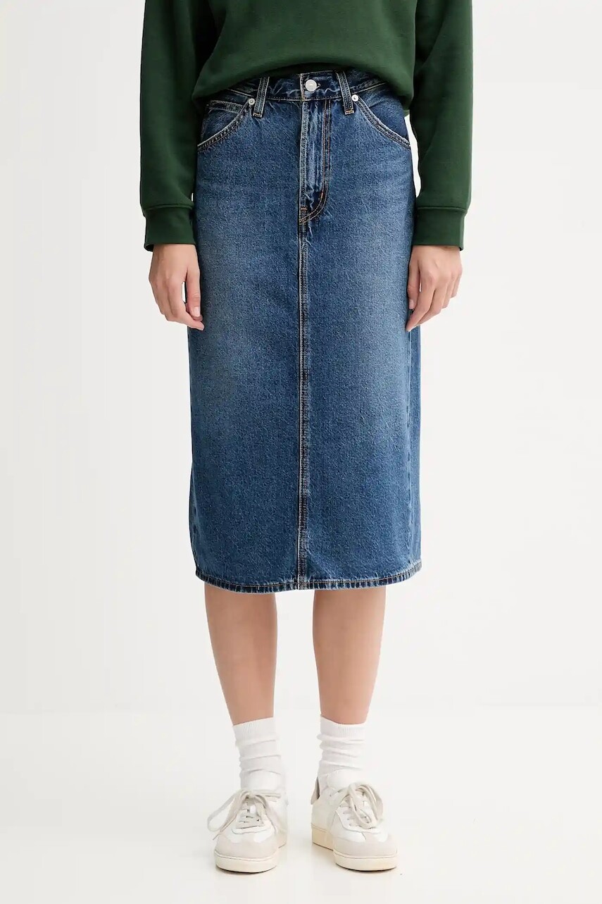 Rifľová sukňa Levi's modrá farba, midi, rovný strih, 001VH