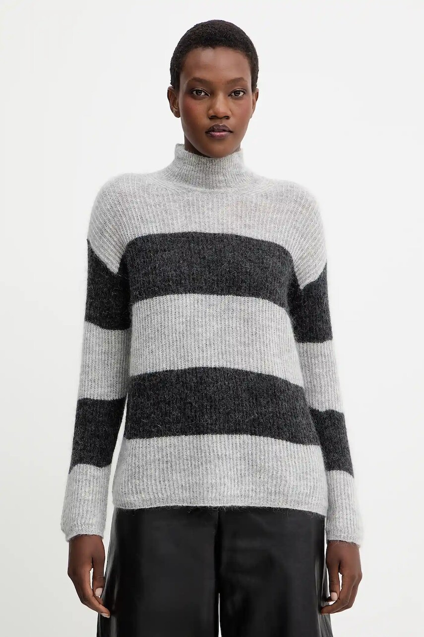 Vlnený sveter MM TENNA šedá farba, ľahké, s rolákom, 2526366188600