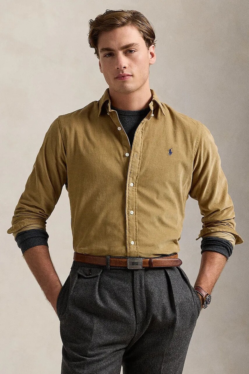 Bavlnená košeľa Polo Ralph Lauren 21W Corduroy pánska, hnedá farba, regular, s klasickým golierom, 710853123