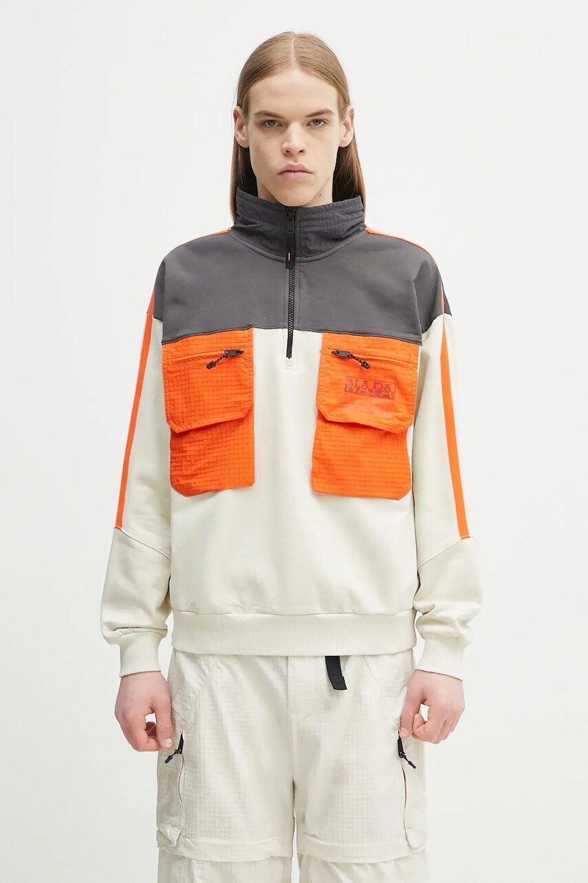 Mikina s prímesou vlny Napapijri B-Tusco Hz pánska, béžová farba, vzorovaná, NP0A4IC9N1J1