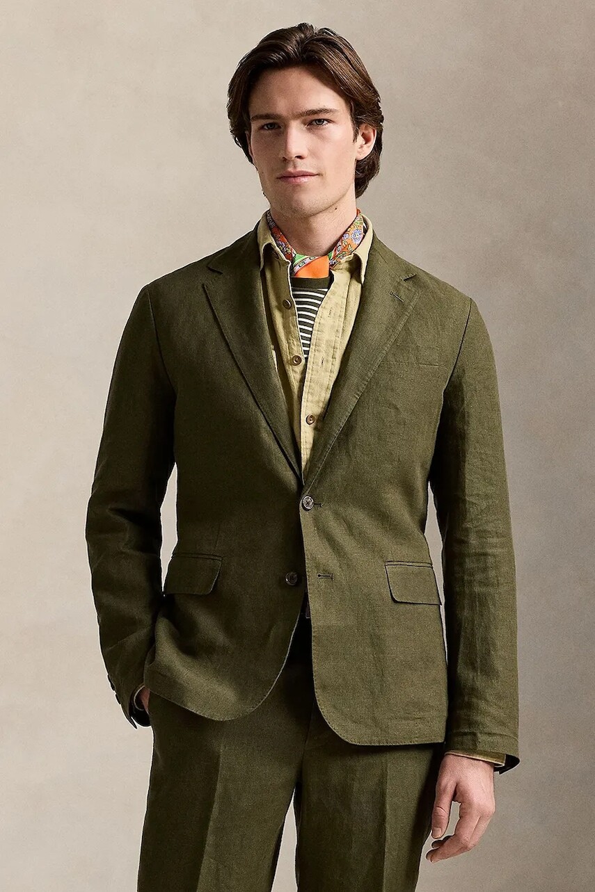 Ľanové sako Polo Ralph Lauren Sportcoat zelená farba, 715927474