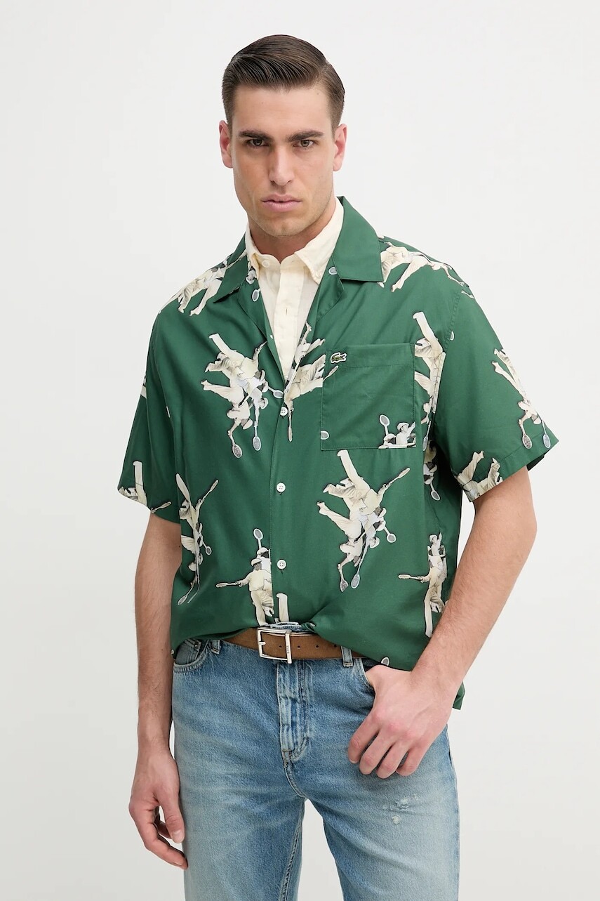 Košeľa Lacoste pánska, zelená farba, voľný strih, s klasickým golierom, CH0113