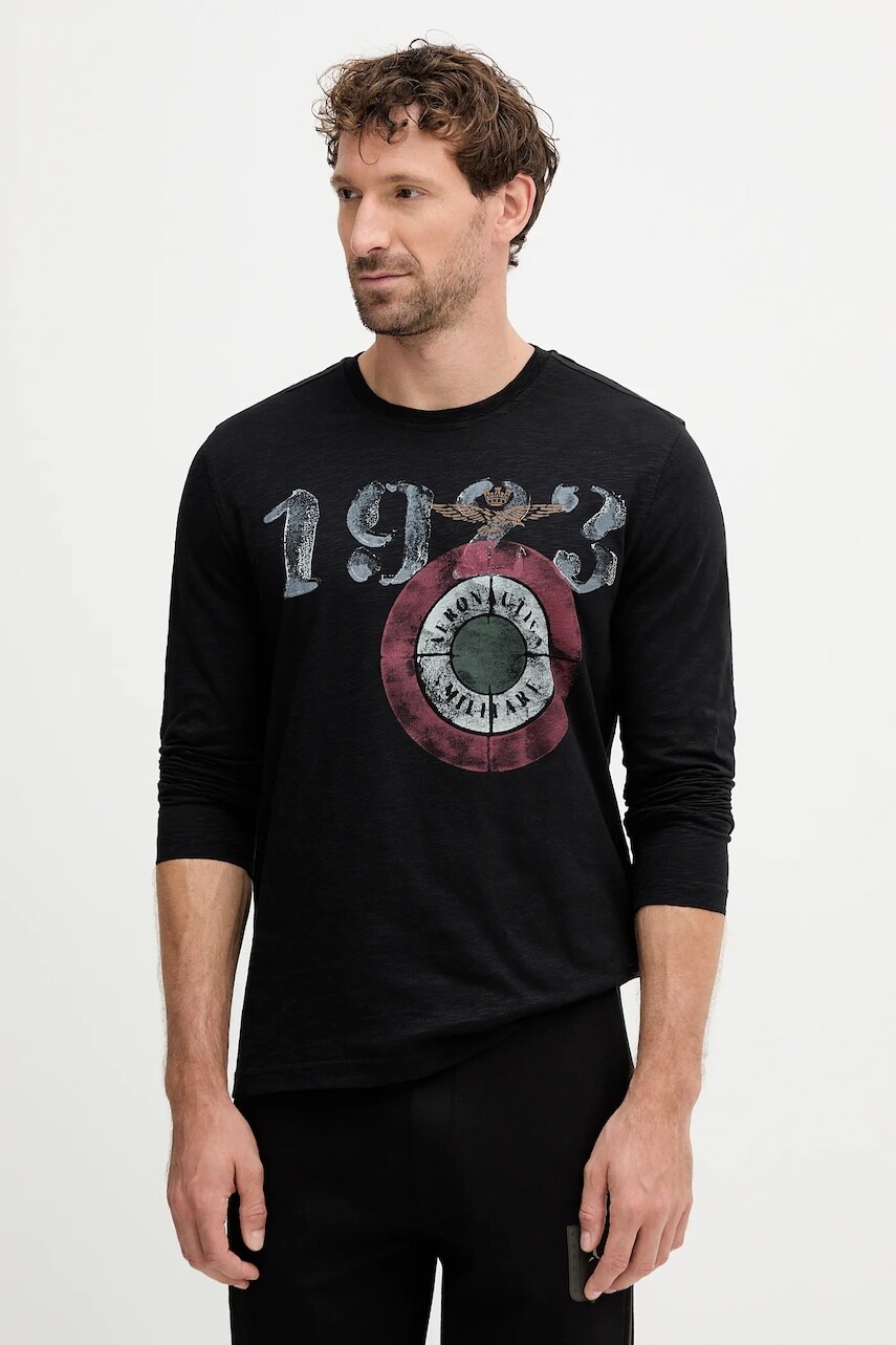 Bavlnené tričko s dlhým rukávom Aeronautica Militare čierna farba, s potlačou, TS2487UJ00709