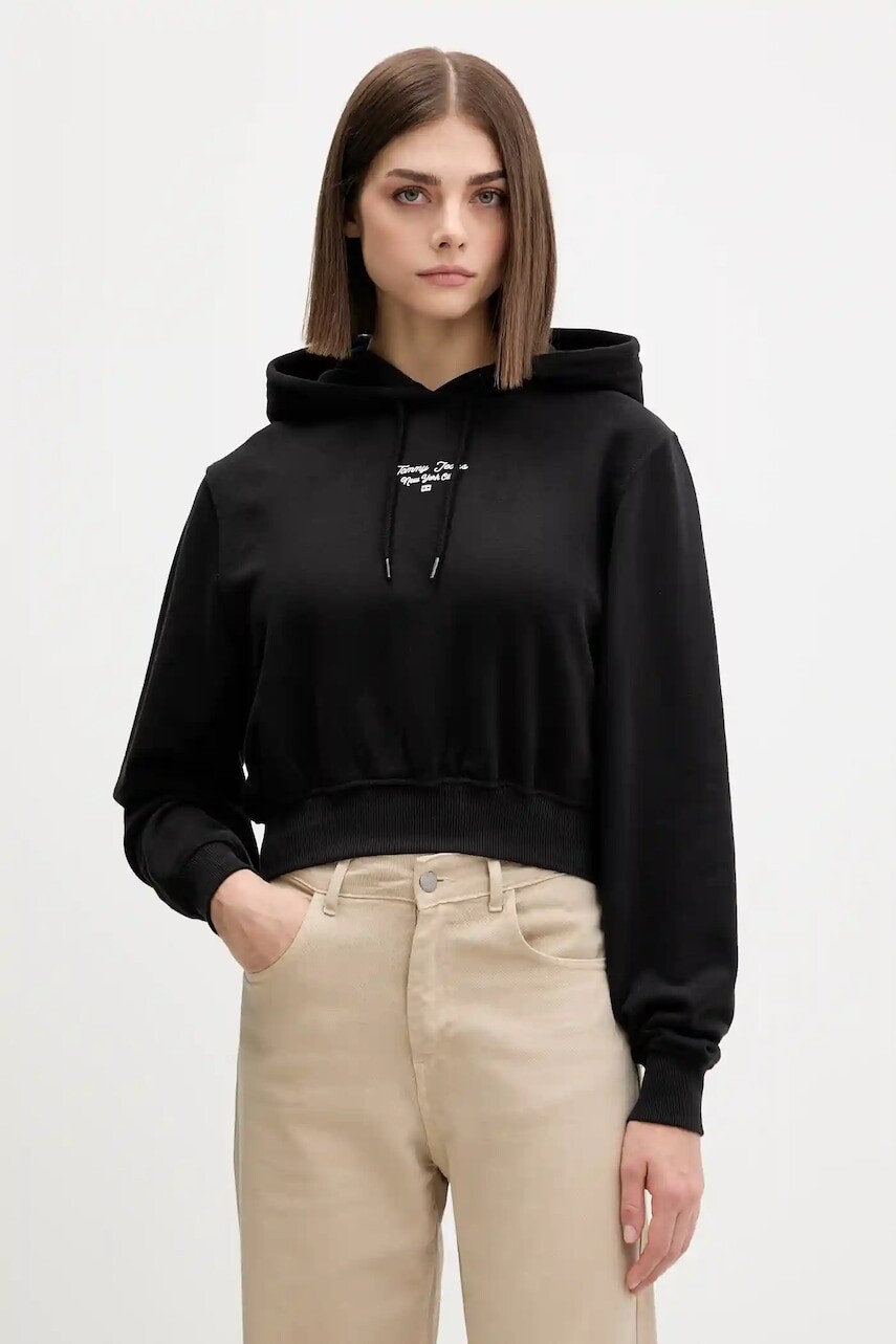 Bavlnená mikina Tommy Jeans čierna farba, s kapucňou, s potlačou, DW0DW22170