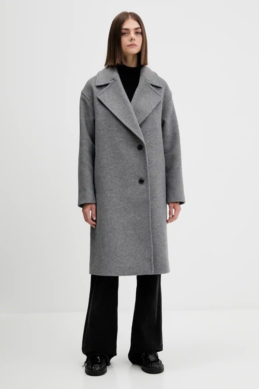 Vlnený kabát HUGO šedá farba, 50547612